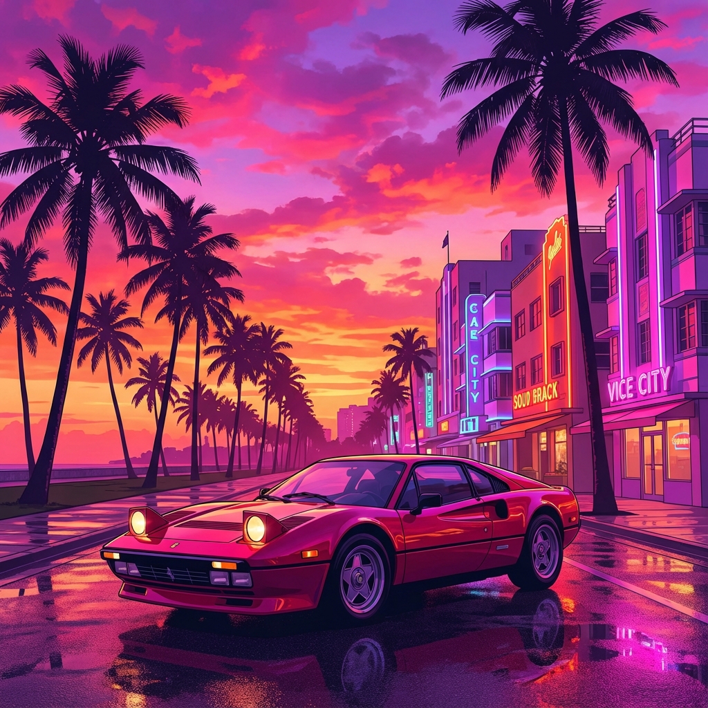 GTA VI Vice City aesthetic sunset with sports car